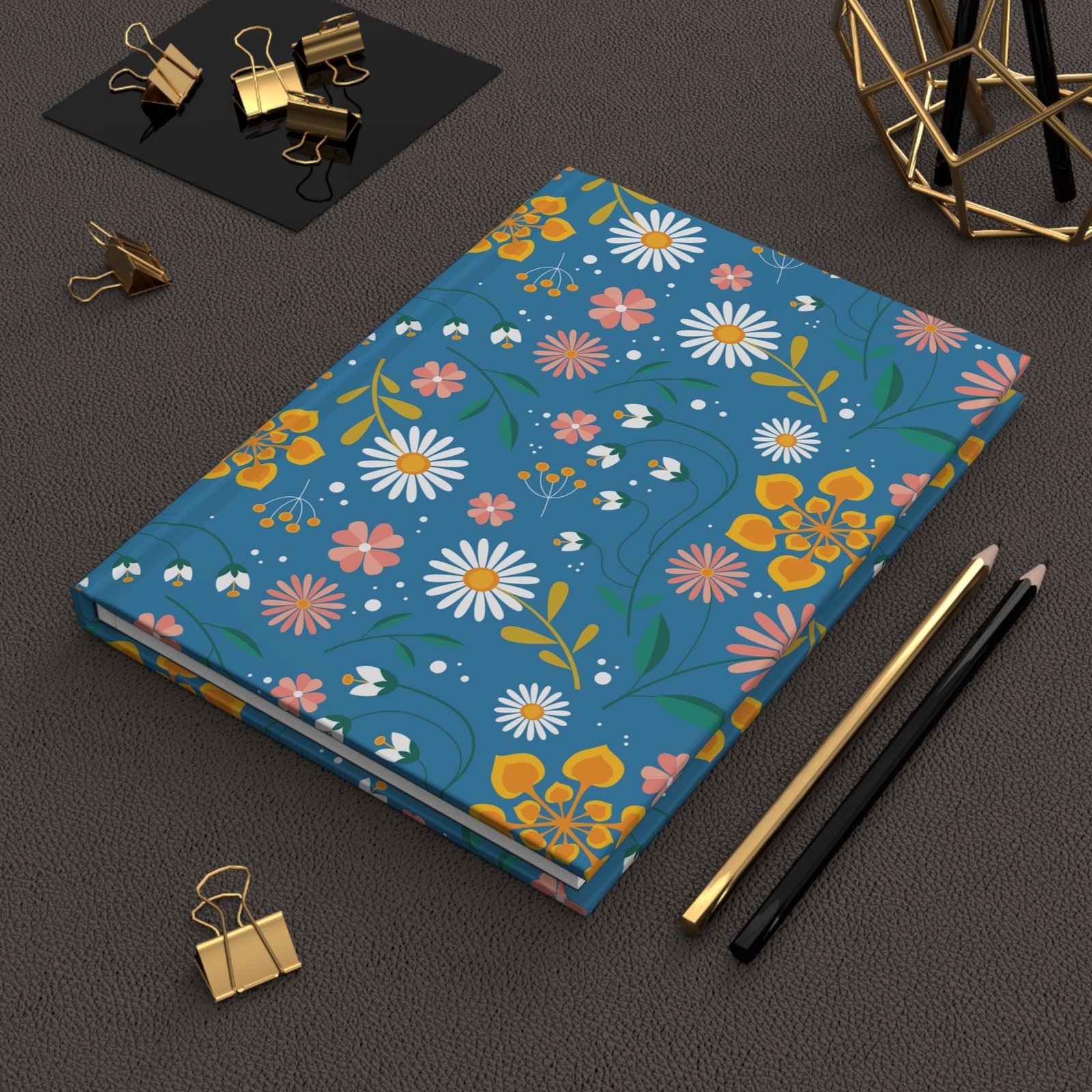 Yellow White Floral Pattern Matte Hardcover Journal