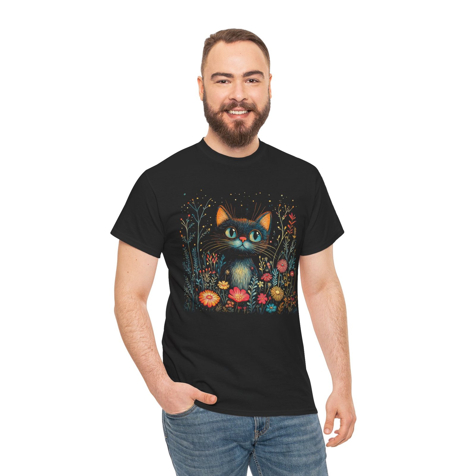 Confident Black Cat in Wildflower Meadow Premium Cotton T-Shirt