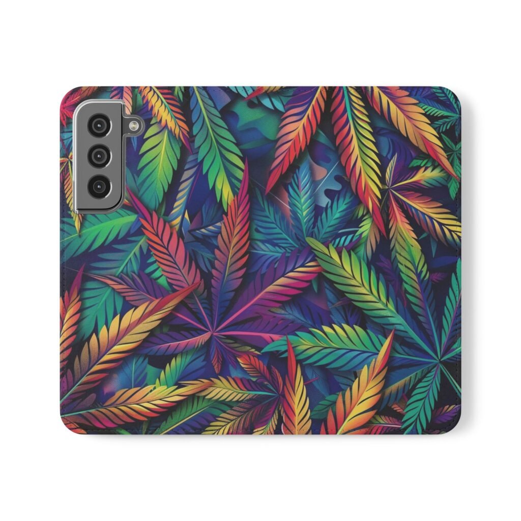 Rainbow Cannabis Pattern Flip Phone Case with Card Storage