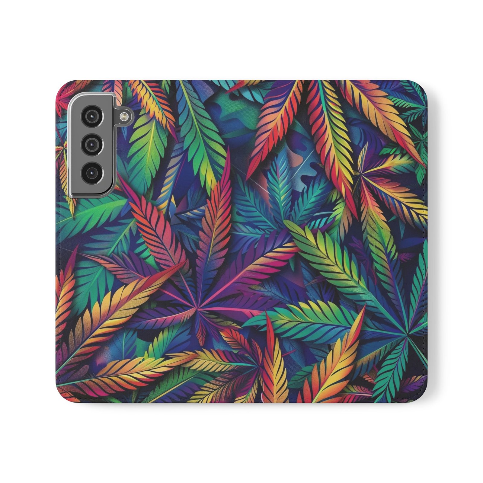 Rainbow Cannabis Pattern Flip Phone Case with Card Storage