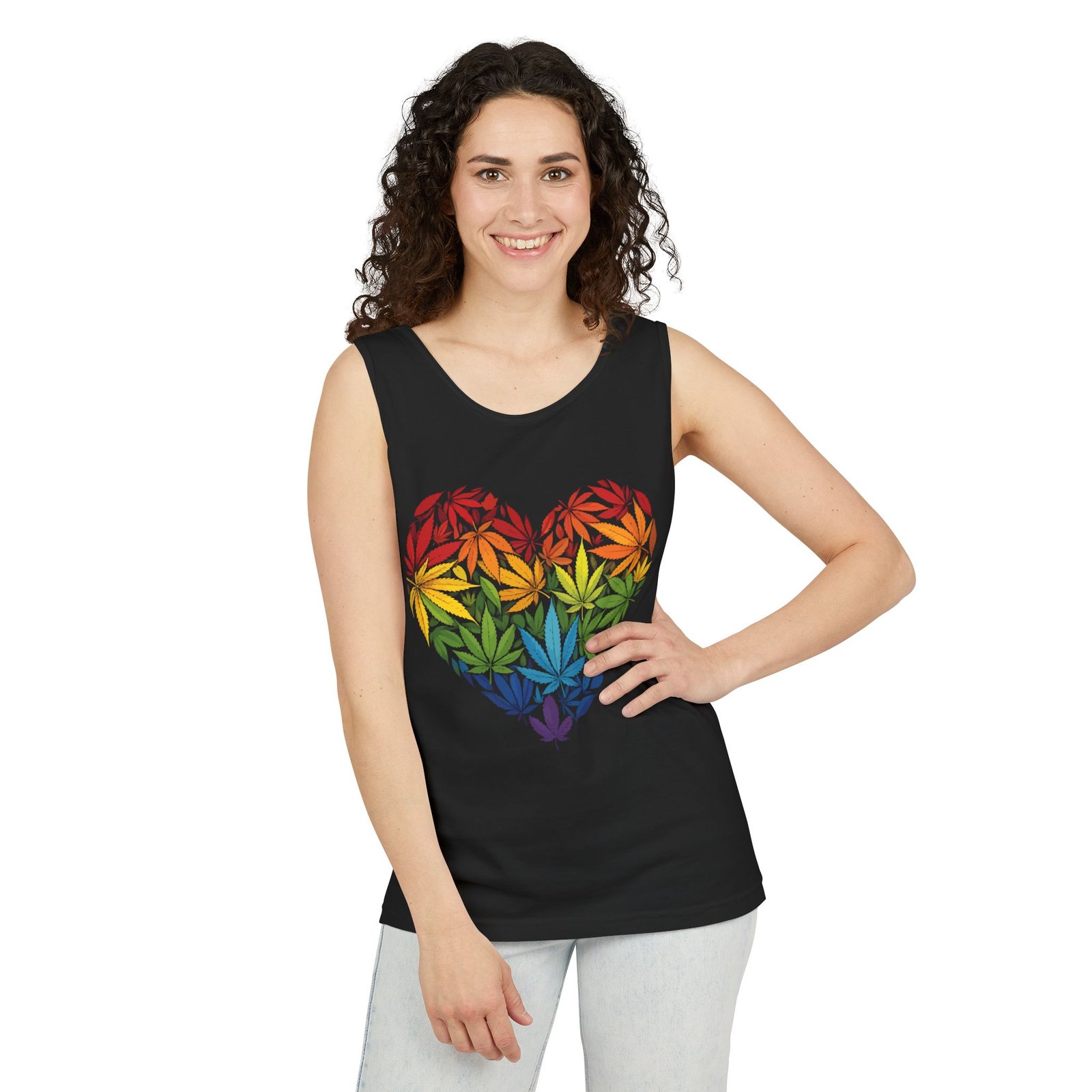 Rainbow Marijuana Leaf Heart Garment-Dyed Tank Top