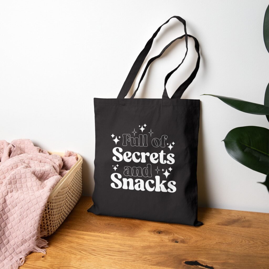 Full of Secrets and Snacks Typography Canvas Tote Bag