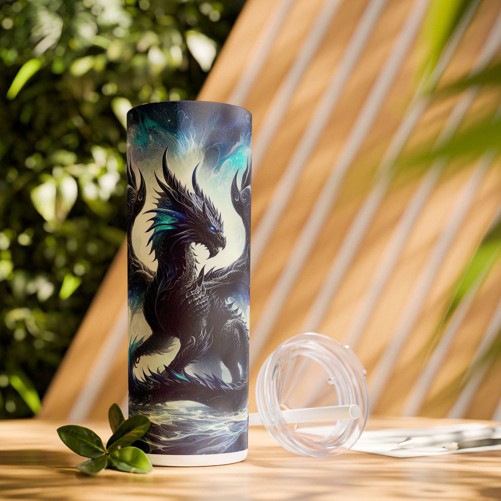 Black Fantasy Fire Dragon Insulated Skinny Tumbler
